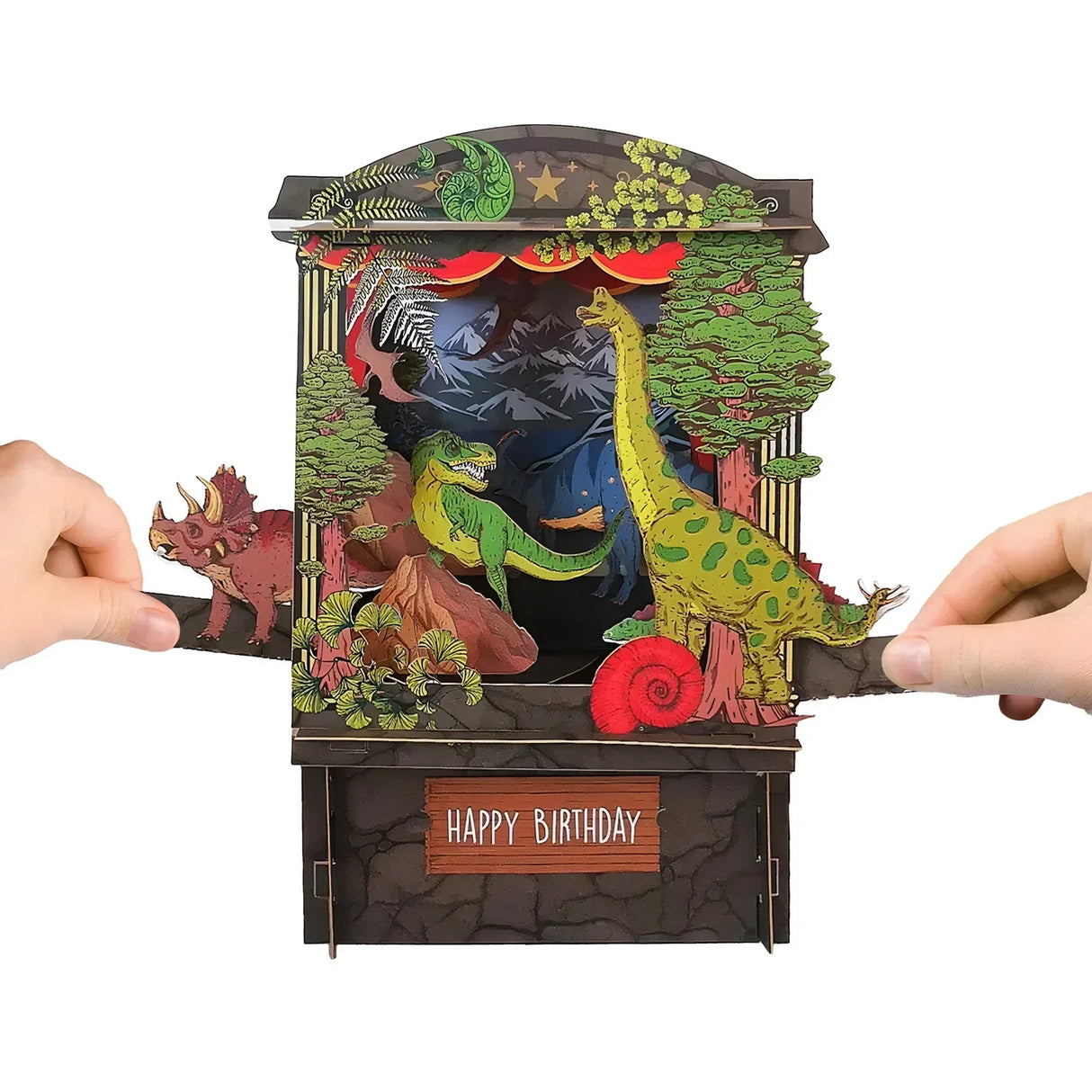 Aufklappbare Geburtstagskarte mit Dinosaurier Motiven und Happy Birthday Schriftzug