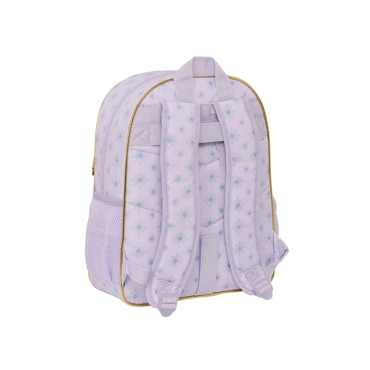 Rückansicht eines helllila Rucksacks mit Sternenmuster und goldenen Details