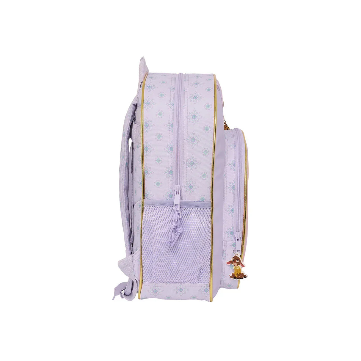 Seitenansicht eines helllila Rucksacks mit Sternenmuster und goldenen Details