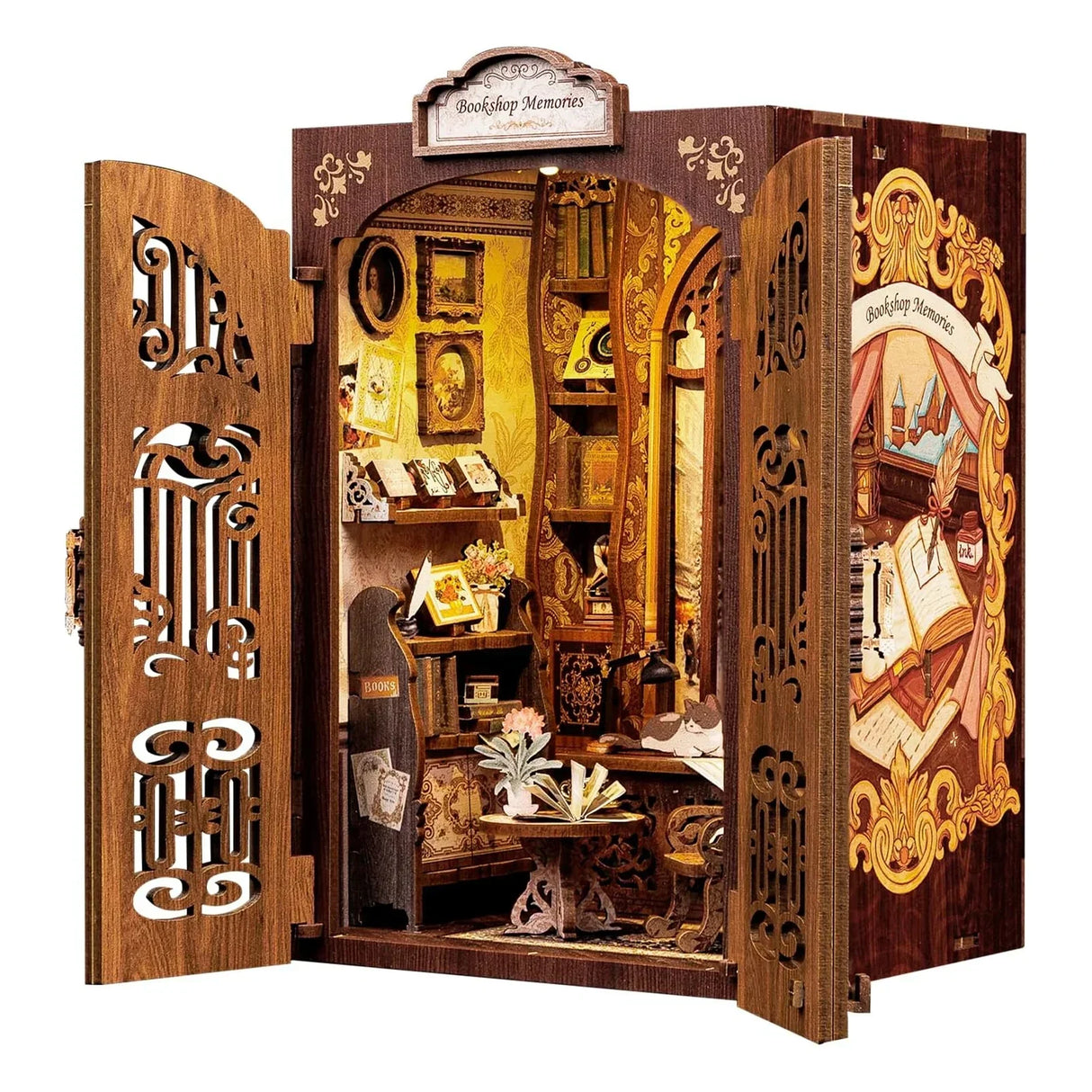 Miniatur-Bücherregal mit aufklappbaren Türen, die ein detailliertes Interieur mit Büchern, Möbeln und Dekorationen zeigen