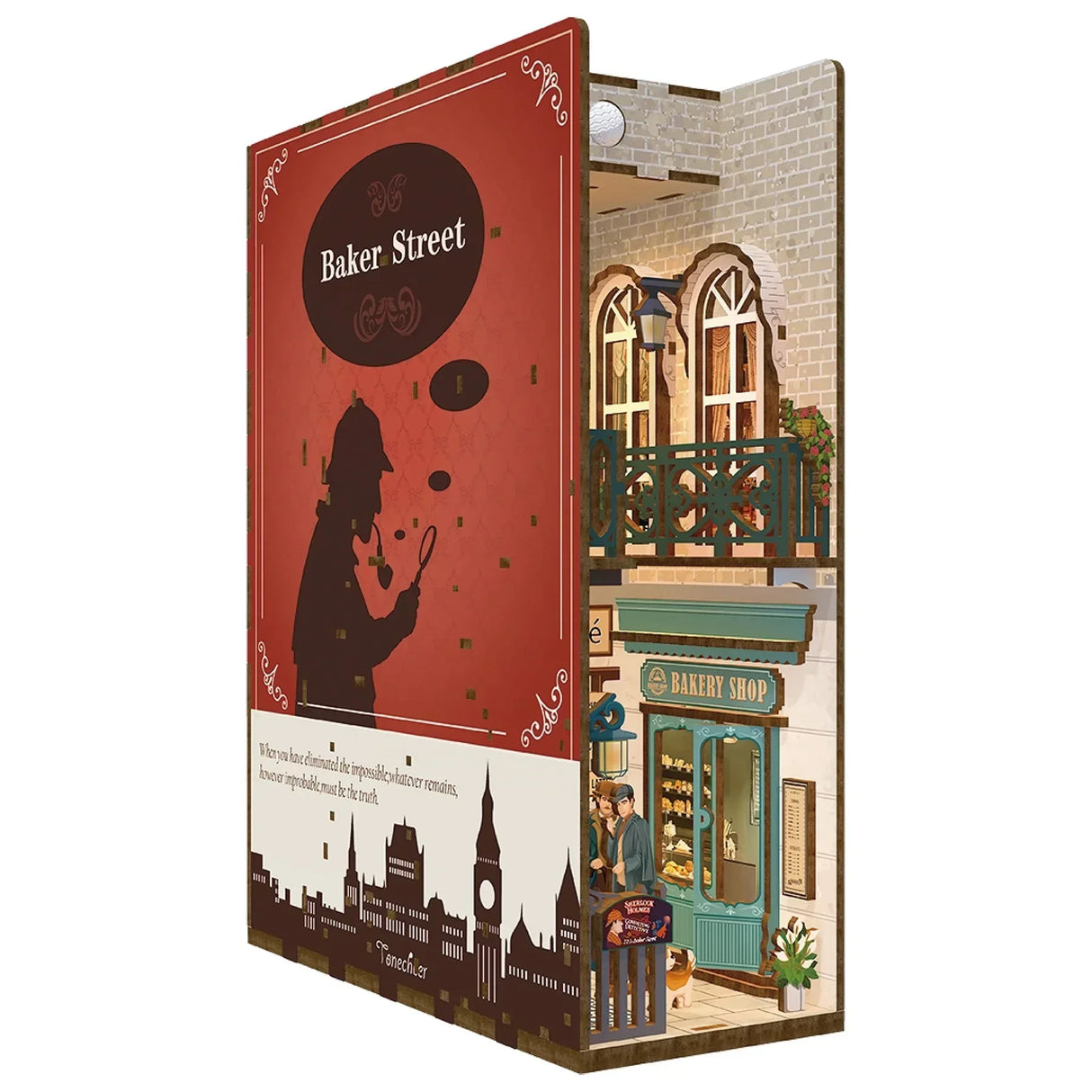 Ein Bücherregal-Einsatz mit einem Sherlock Holmes-Thema, das eine Bäckerei und ein Londoner Stadtbild zeigt