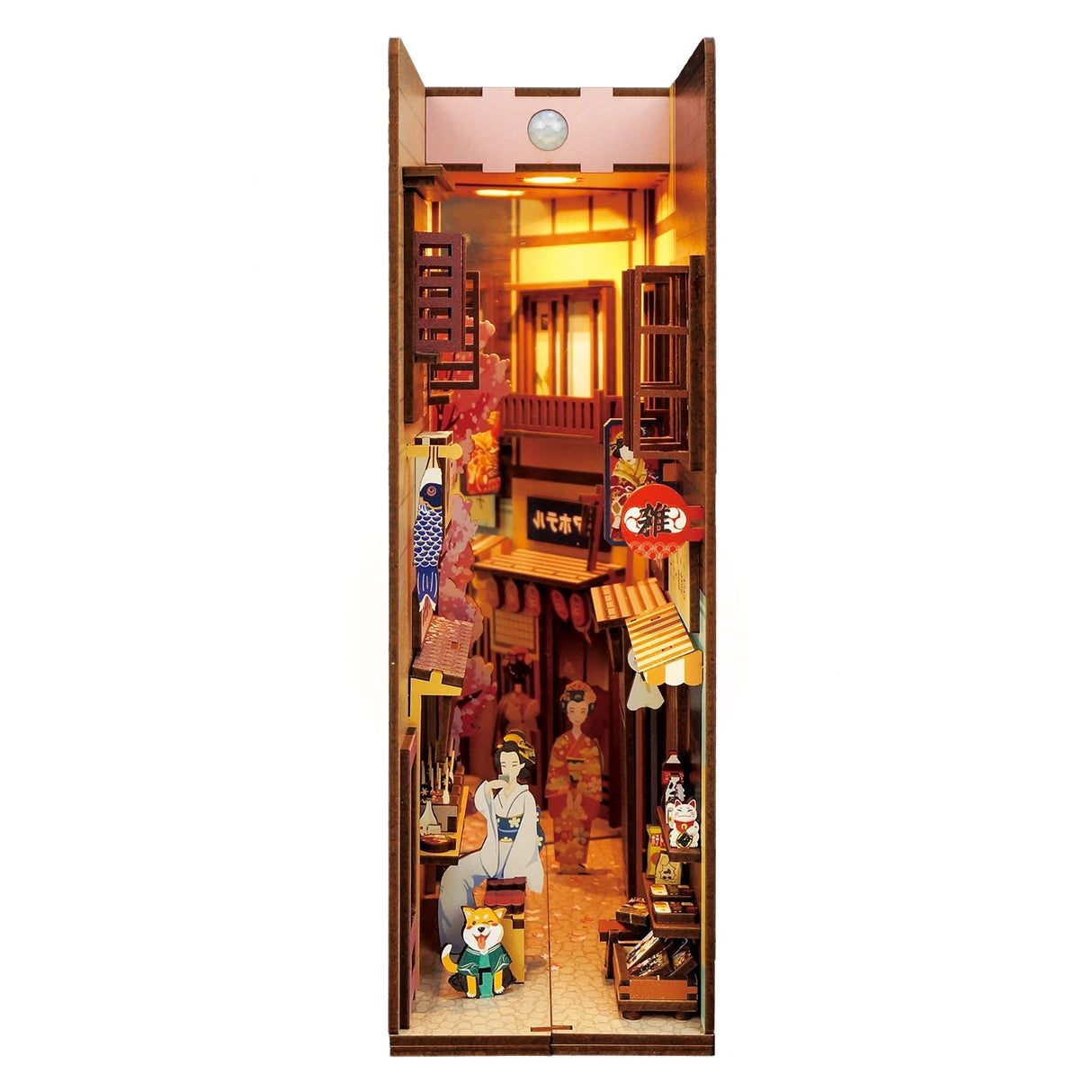 Miniatur-Bücherregal-Einsatz mit japanischer Gasse, beleuchtet, mit Figuren und Geschäften