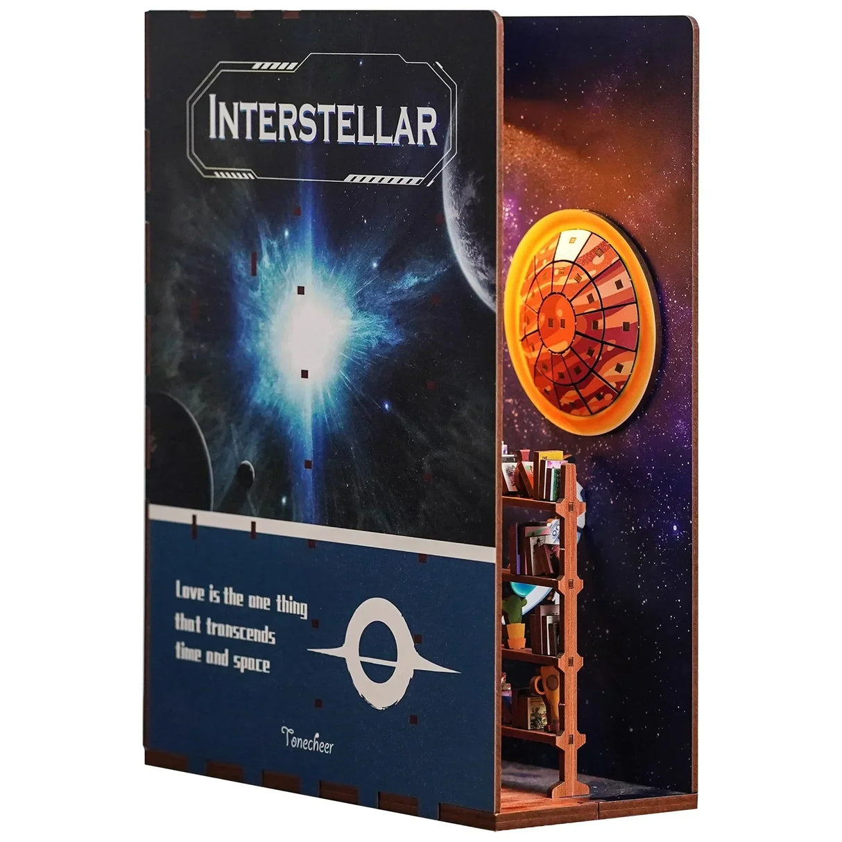 Interstellar Buchstütze mit Weltraum- und Bücherregal-Design