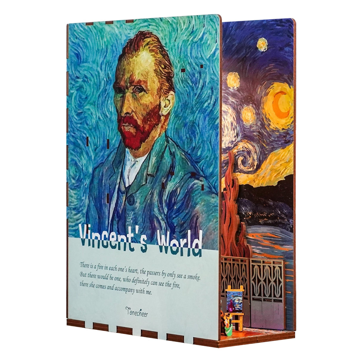 Diorama mit Van Goghs Selbstporträt und Sternennacht, Text Vincent's World