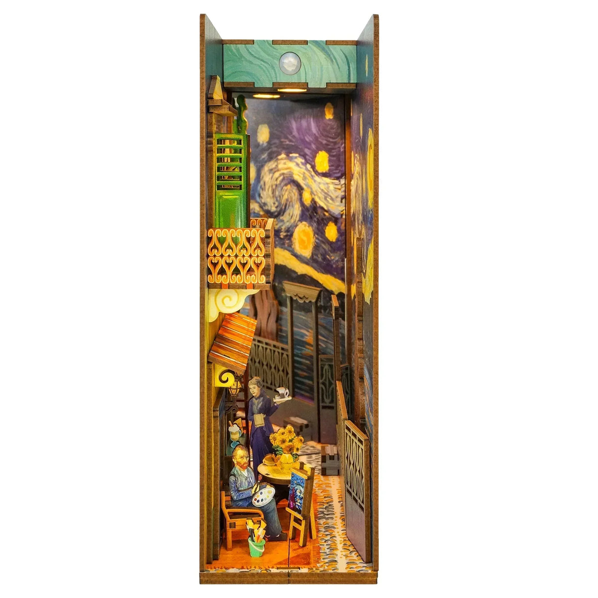 Miniatur-Diorama mit Van Gogh, der malt, und einer Frau, die Kaffee serviert, vor einem Sternenhimmel-Hintergrund