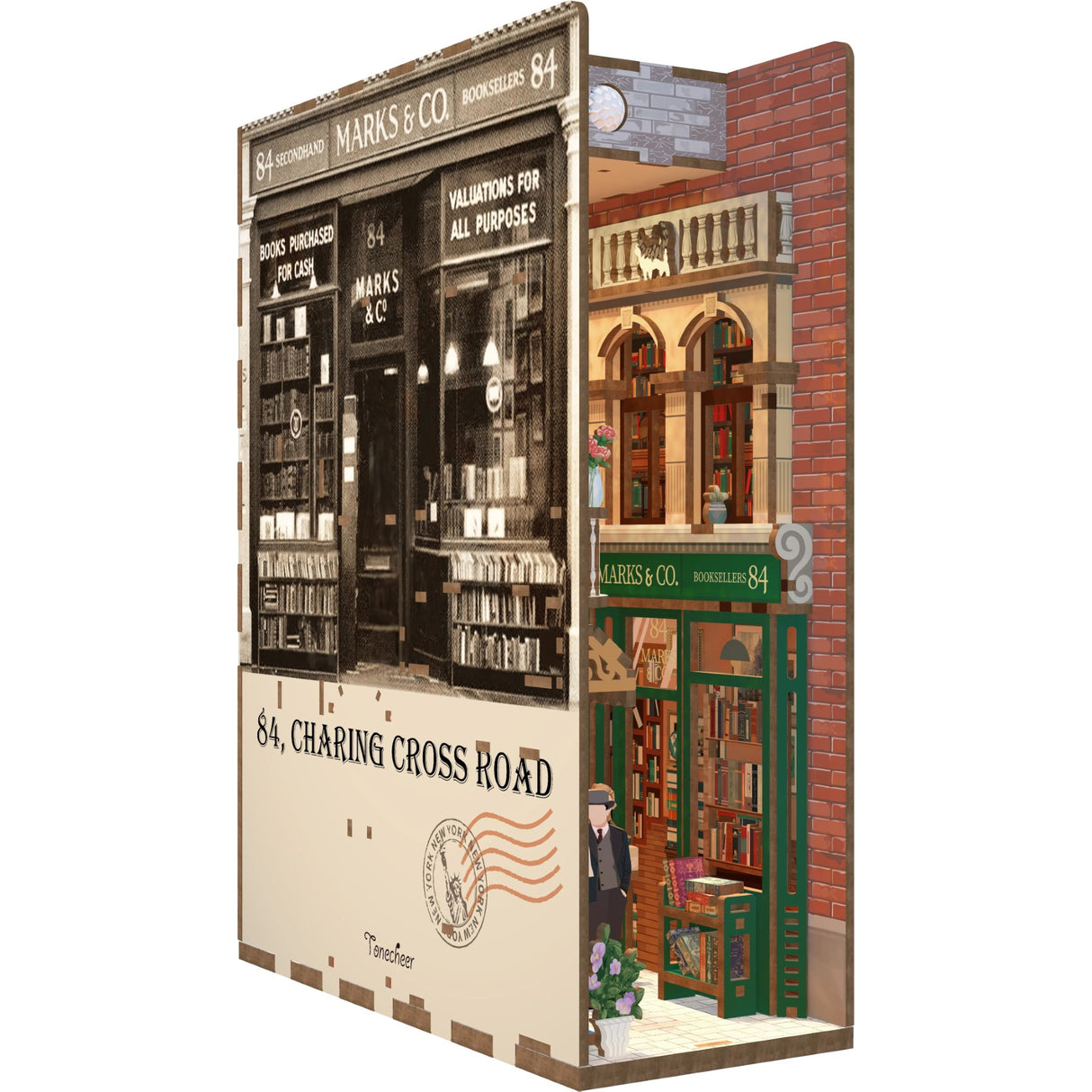 Ein Miniatur-Bücherladen mit einer schwarz-weißen Fassade und einer farbigen Inneneinrichtung