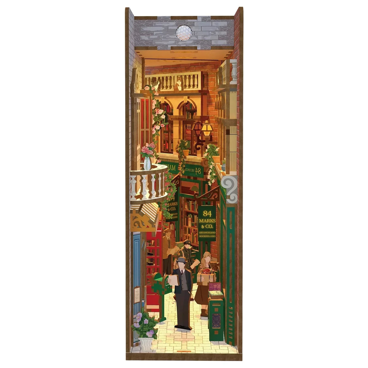 Miniatur-Diorama einer belebten Gasse mit Buchhandlungen und Passanten