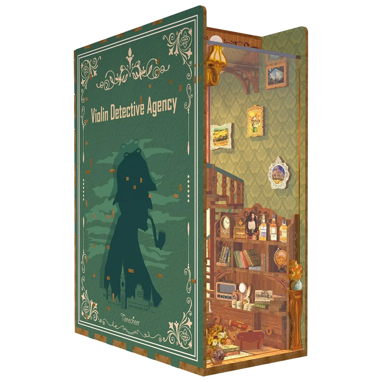 Miniatur-Detektivbüro-Diorama mit Bücherregalen, Schreibtisch und einer Silhouette eines Detektivs auf der Vorderseite