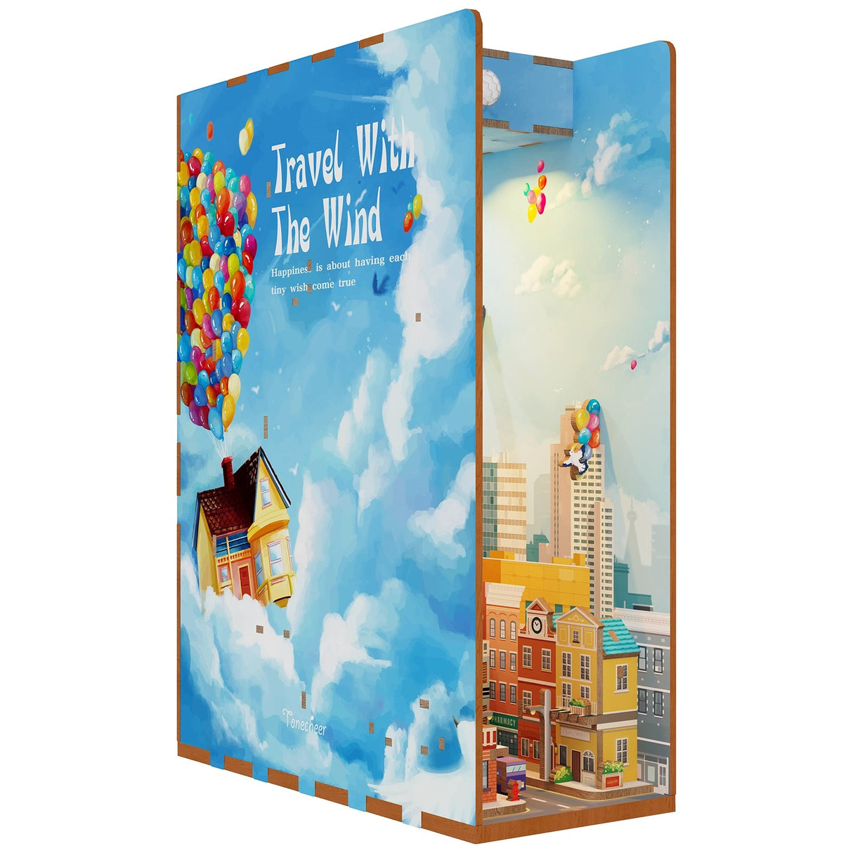 Ein Buchnook mit einem Haus, das von Ballons in den Himmel gehoben wird, und einer Stadtansicht