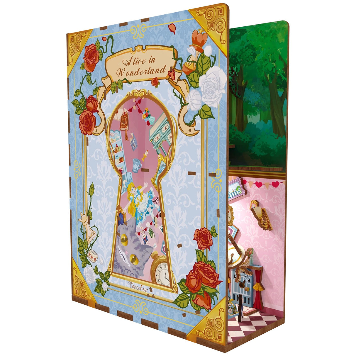 Alice im Wunderland Buch mit Schlüsselloch und Figuren