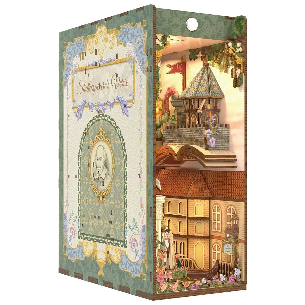 Shakespeare's Verse Buchnook mit Miniatur-Schloss und Gebäuden