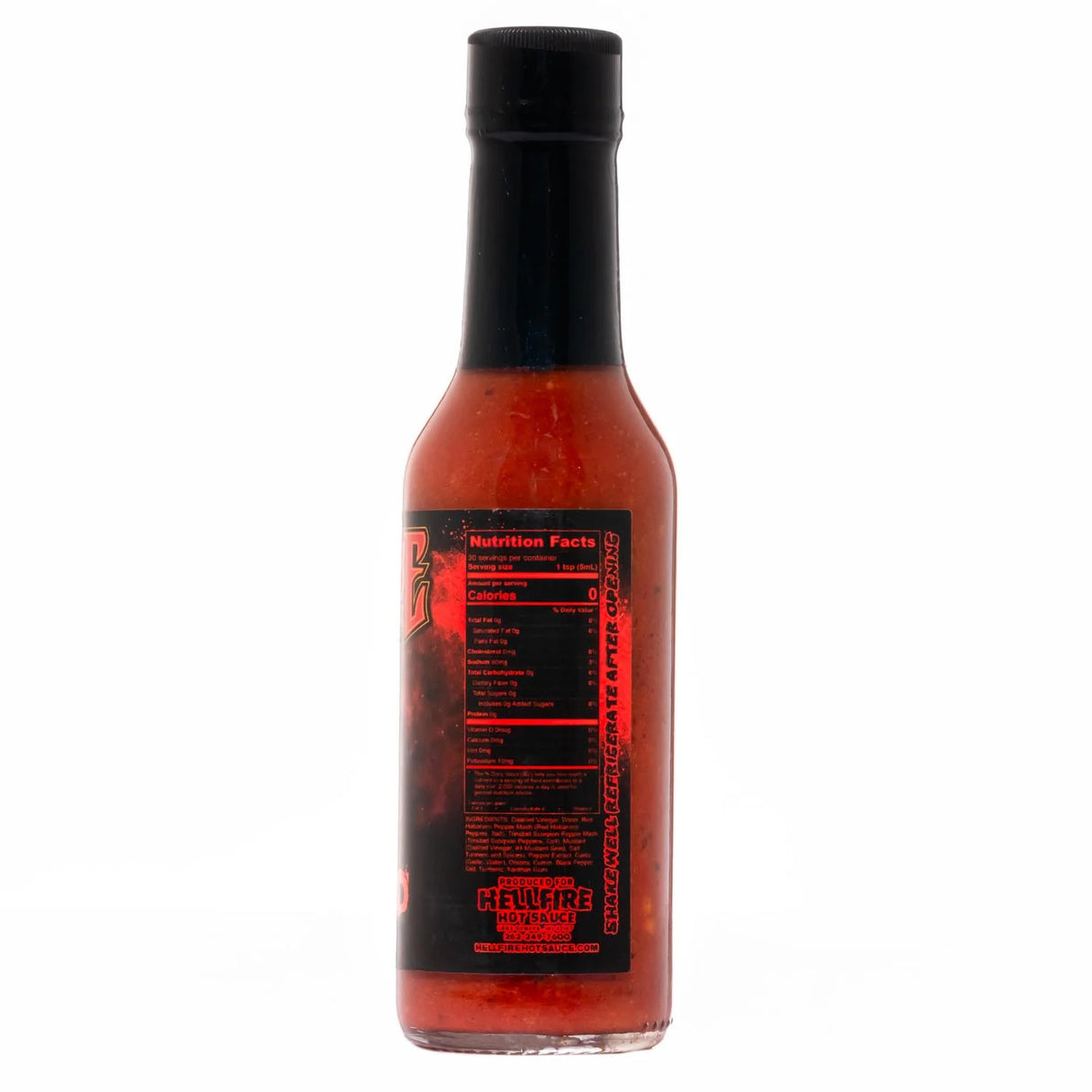 Rückseite der Hellfire Hot Sauce Flasche mit Nährwertangaben und Zutatenliste