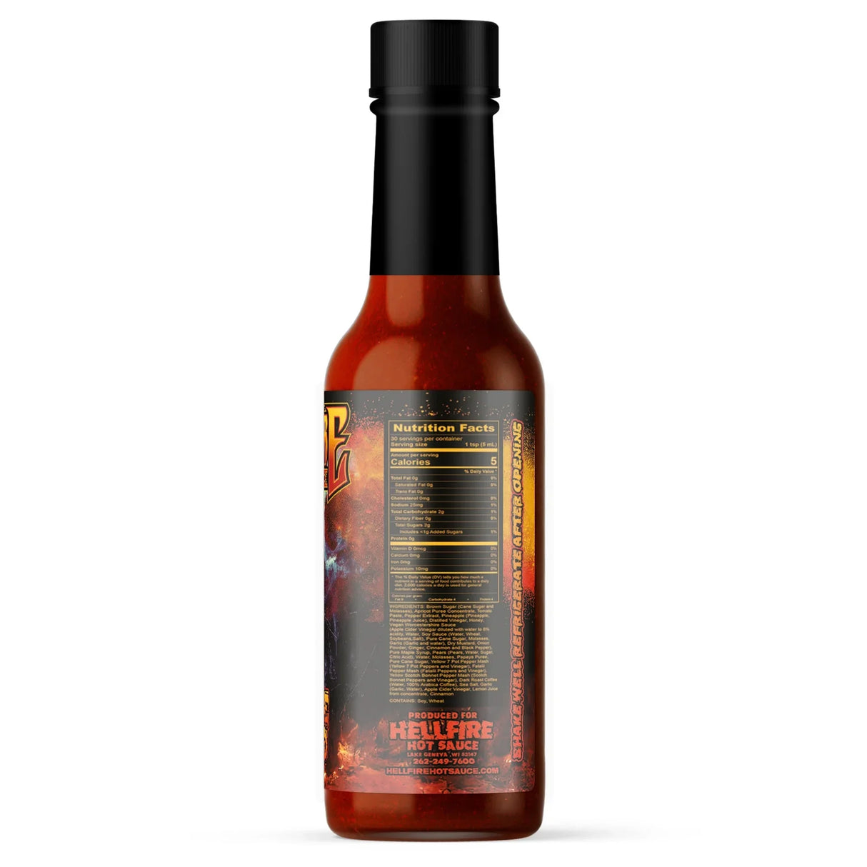 Rückseite der Hellfire Hot Sauce Flasche mit Nährwertangaben und Zutatenliste