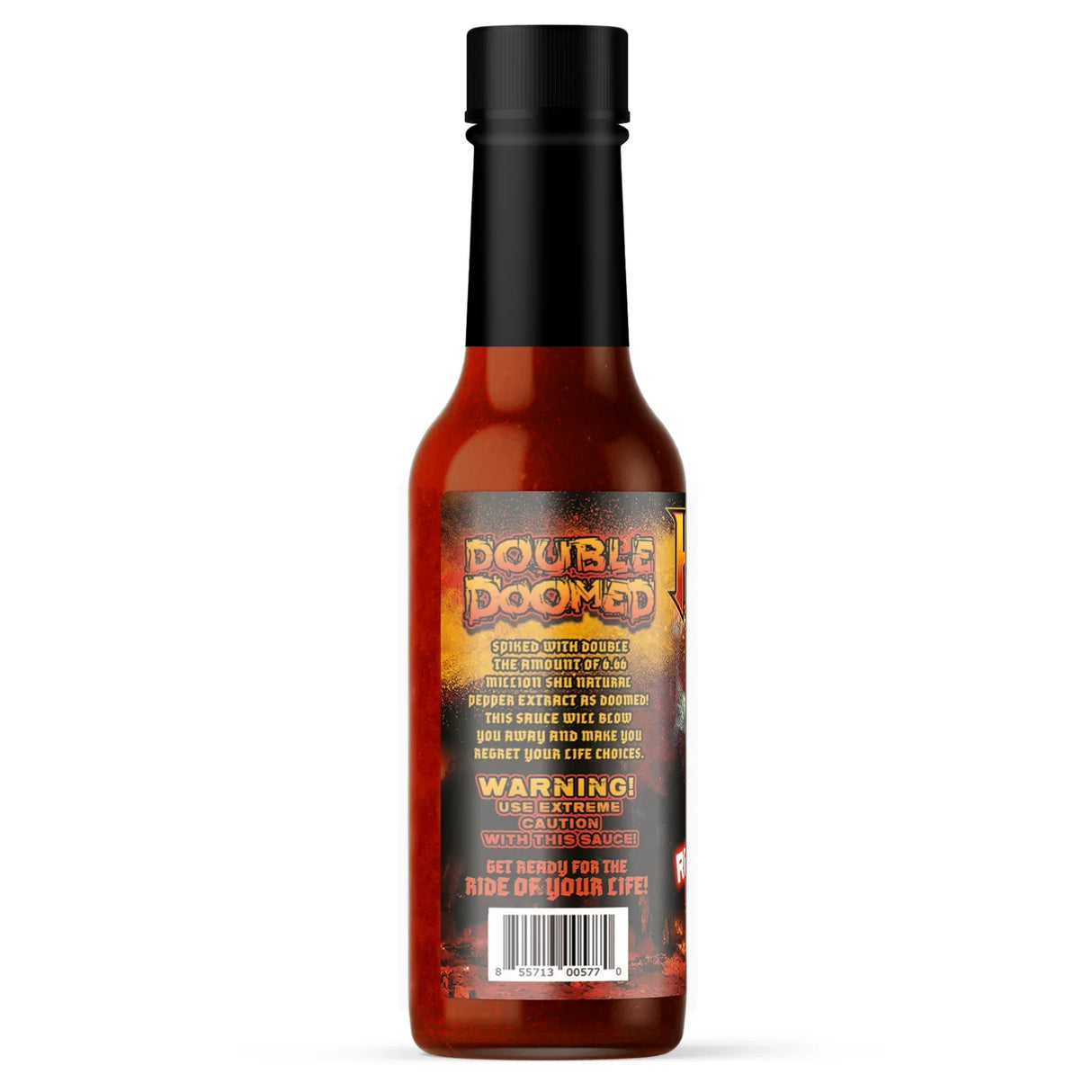 Rückseite der Double Doomed Hot Sauce Flasche mit Etikett und Barcode