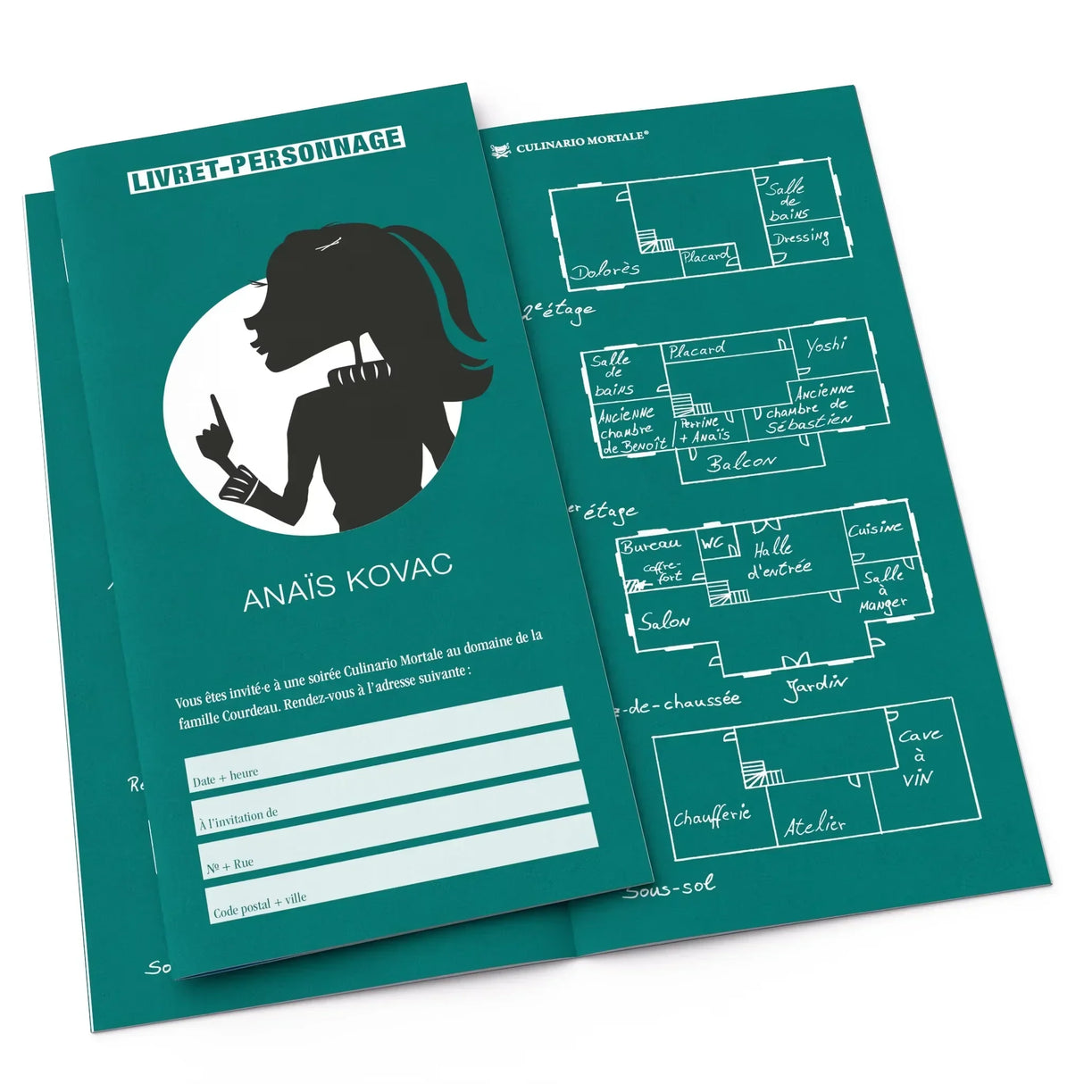 Grünes Booklet mit schwarzer Silhouette einer Frau und einem Grundriss eines Hauses