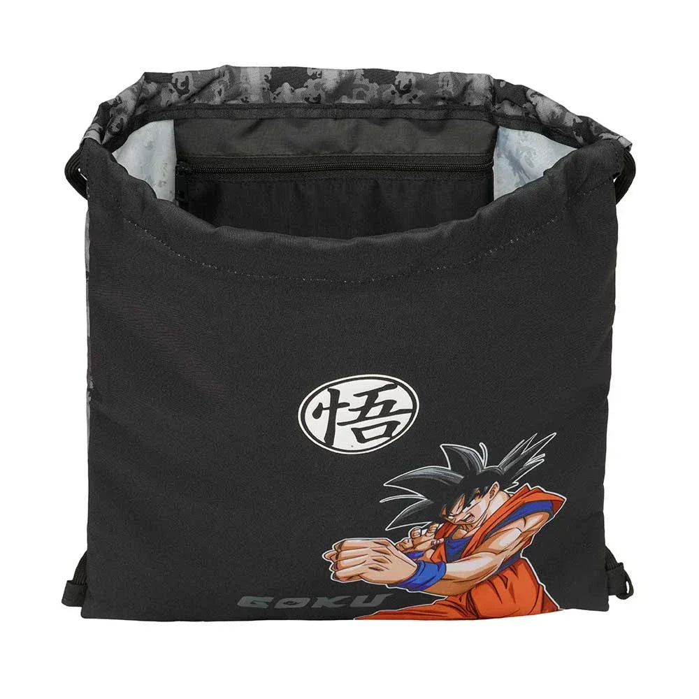 Schwarzer Turnbeutel mit Goku-Aufdruck und Kanji-Symbol