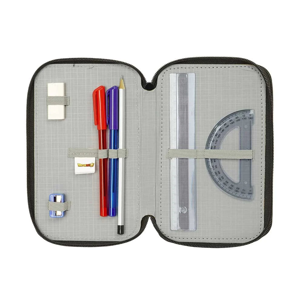 Offenes Federmäppchen mit Stiften, Bleistift, Radiergummis, Spitzer, Lineal und Winkelmesser