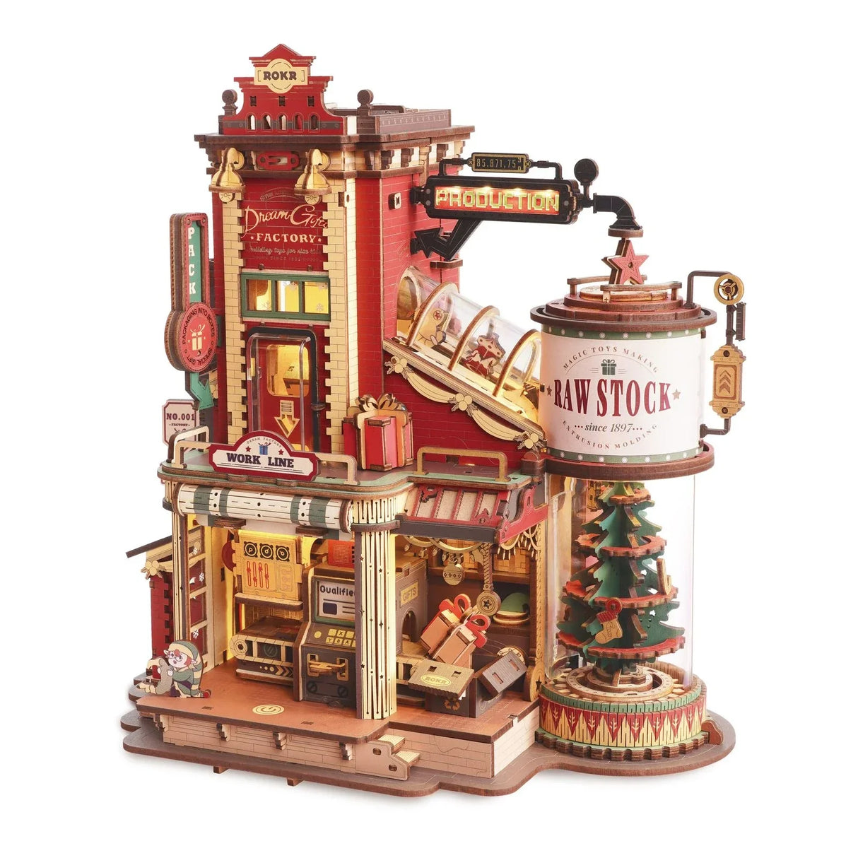 Ein detailliertes Modell einer Weihnachtsfabrik mit Lichtern und kleinen Geschenken