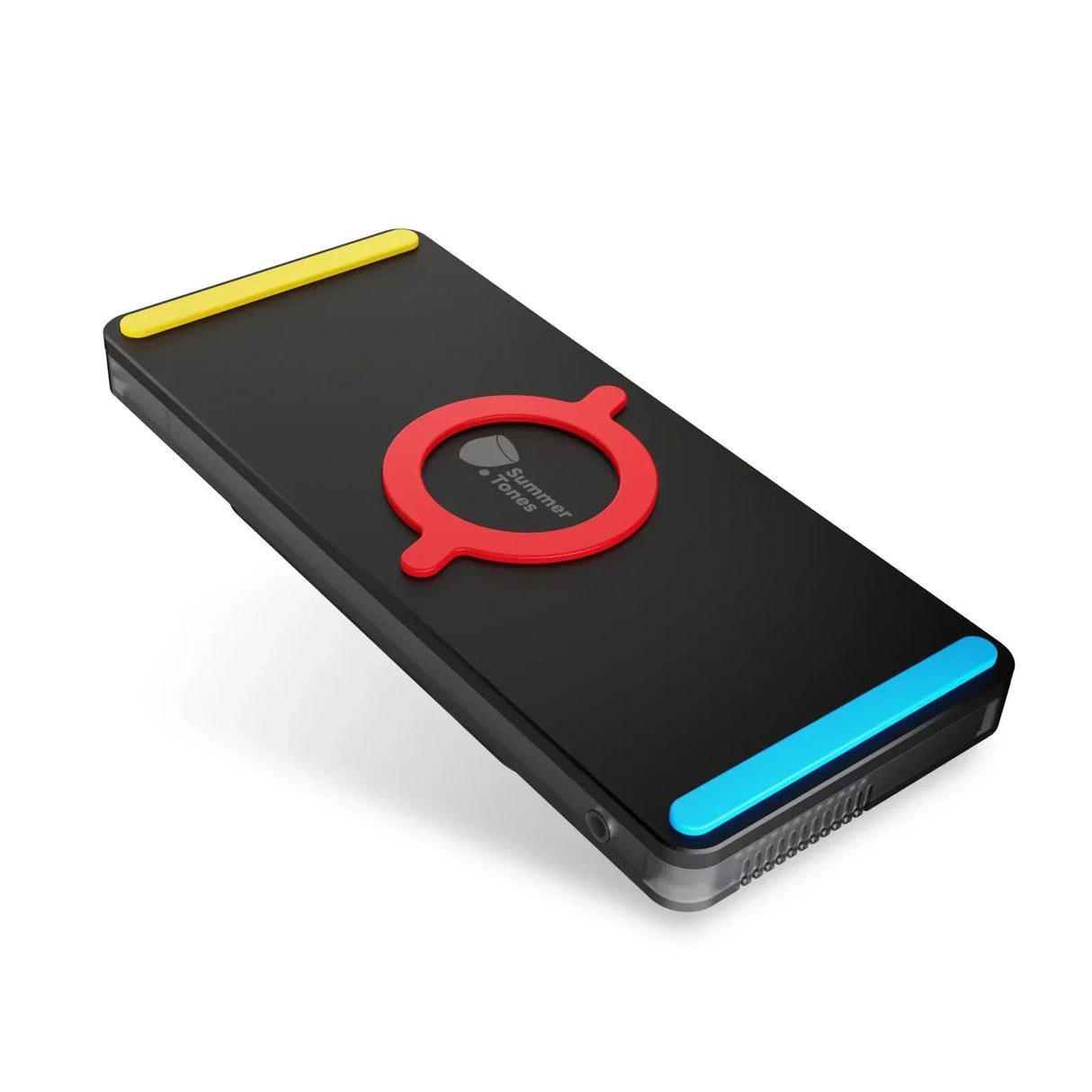 Schwarzes Smartphone mit gelbem, rotem und blauem Akzent