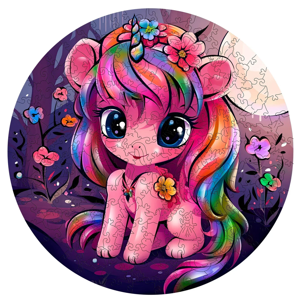 Rundes Puzzle mit einem rosa Einhorn mit Regenbogenmähne und Blumen im Haar