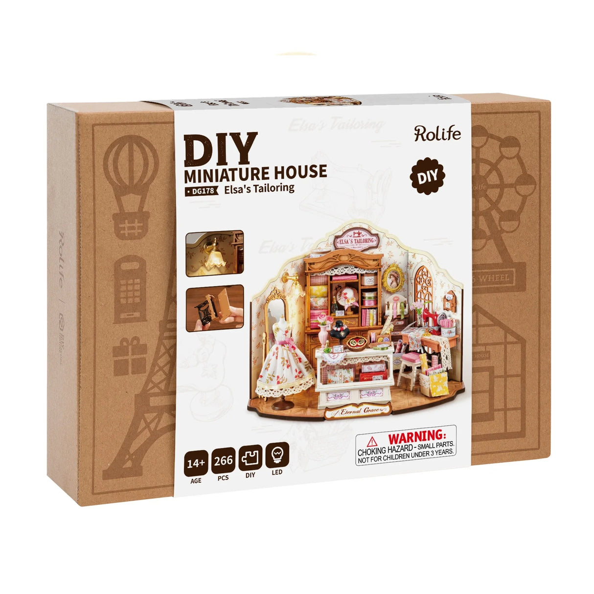 DIY Miniaturhaus Elsa's Schneiderei Bausatz in brauner Verpackung mit Produktbild
