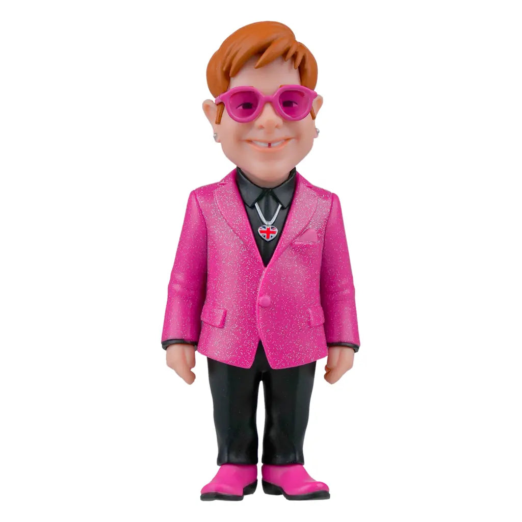 Elton John Wackelkopf-Figur in pinkem Glitzeranzug, schwarzem Hemd, pinker Brille und Union Jack Halskette