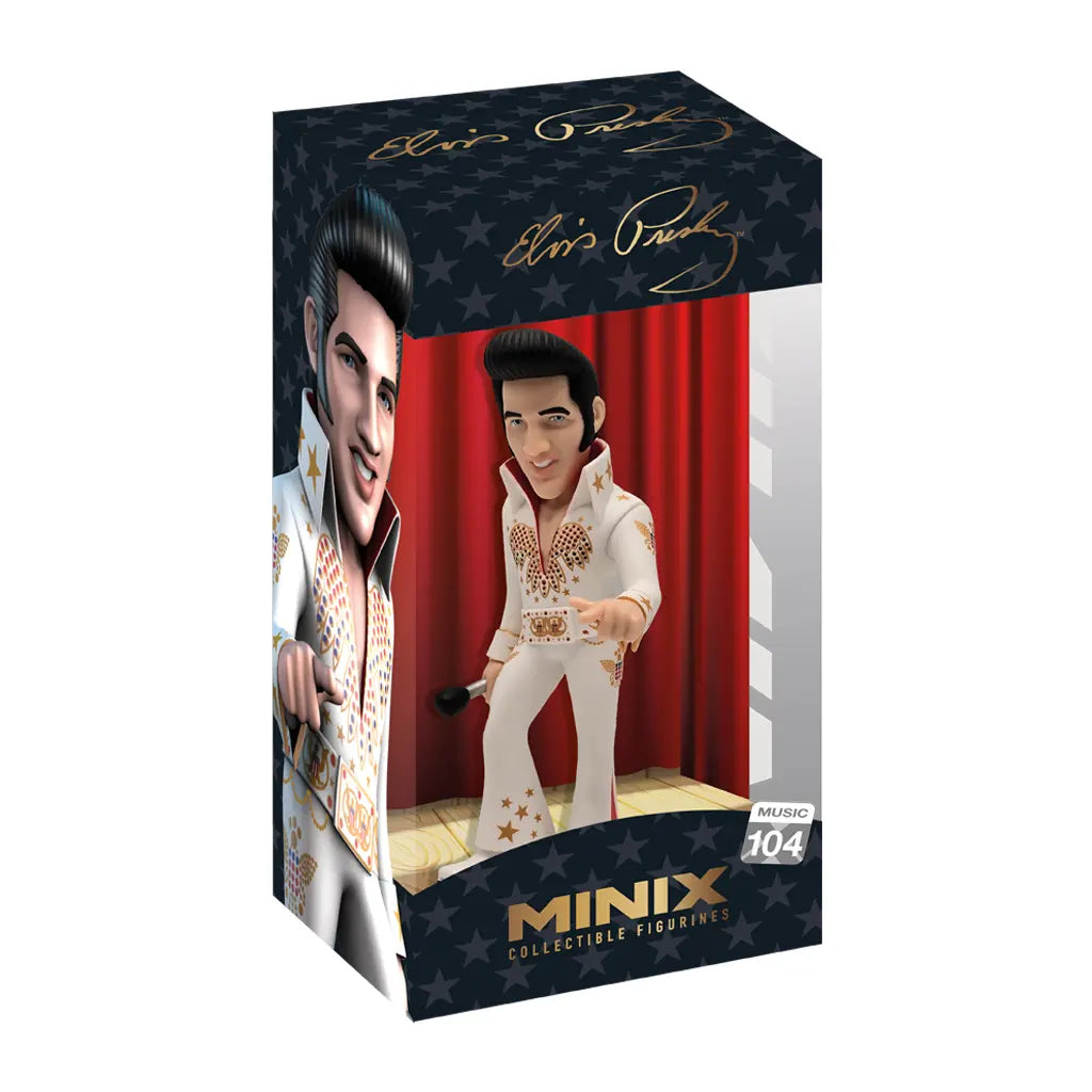 Minix Sammelfigur von Elvis Presley in weißem Jumpsuit mit Mikrofon vor rotem Vorhang