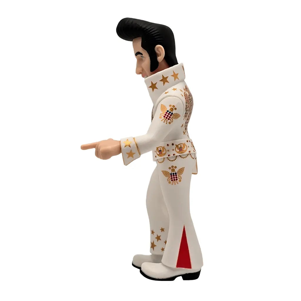 Elvis Presley Figur in weißem Anzug mit goldenen Sternen und Adlern, seitlich, zeigt nach links