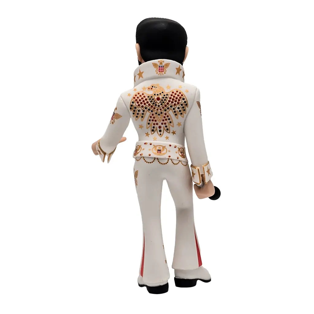 Rückansicht einer Elvis-Figur in weißem Jumpsuit mit Adler-Design und goldenen Sternen