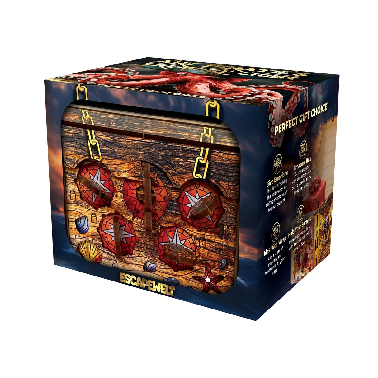 EscapeWelt Piratenschatz-Geschenkbox mit Krakenmotiv und Kompassrätseln