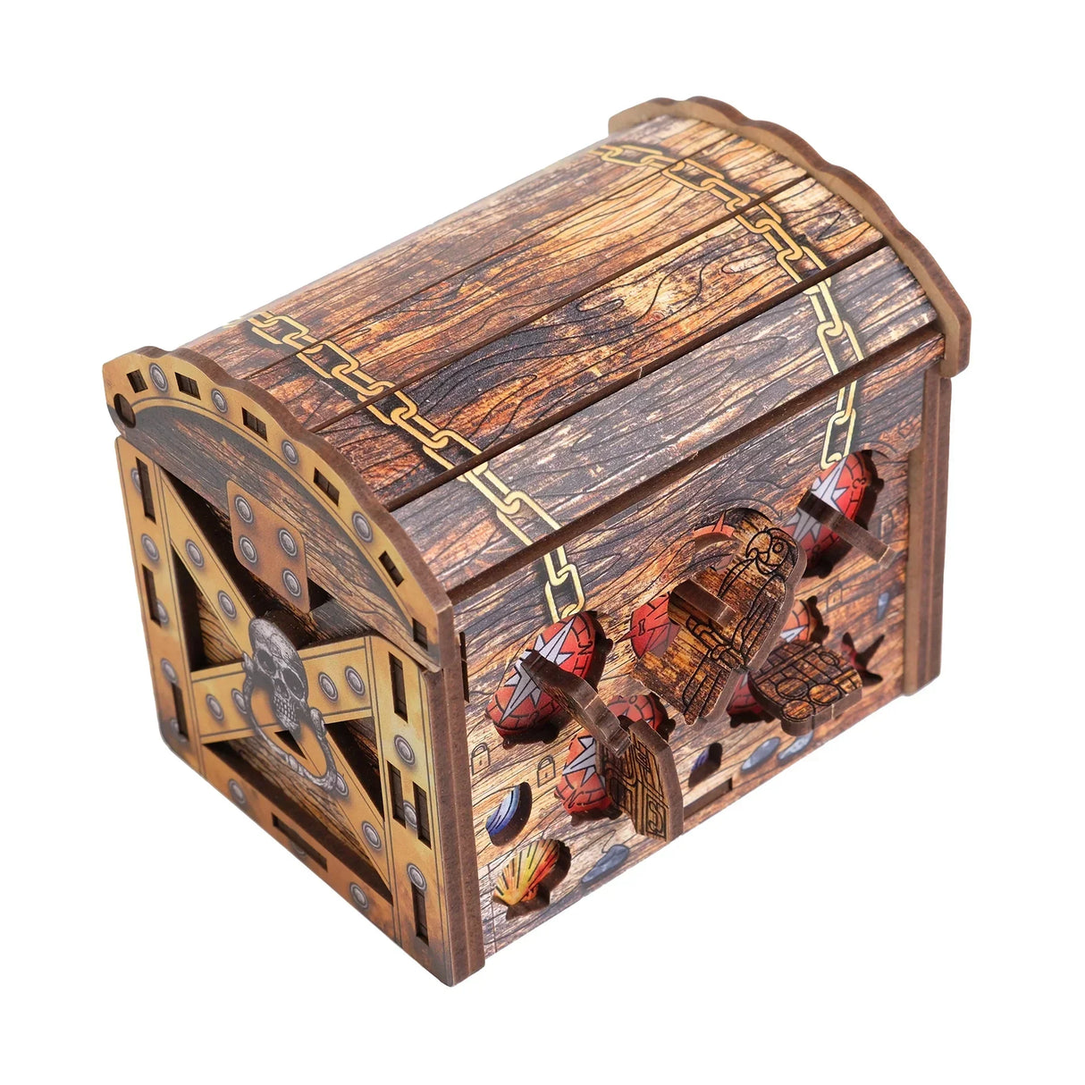 Holztruhe mit Piratenmotiven und herausnehmbaren Puzzleteilen