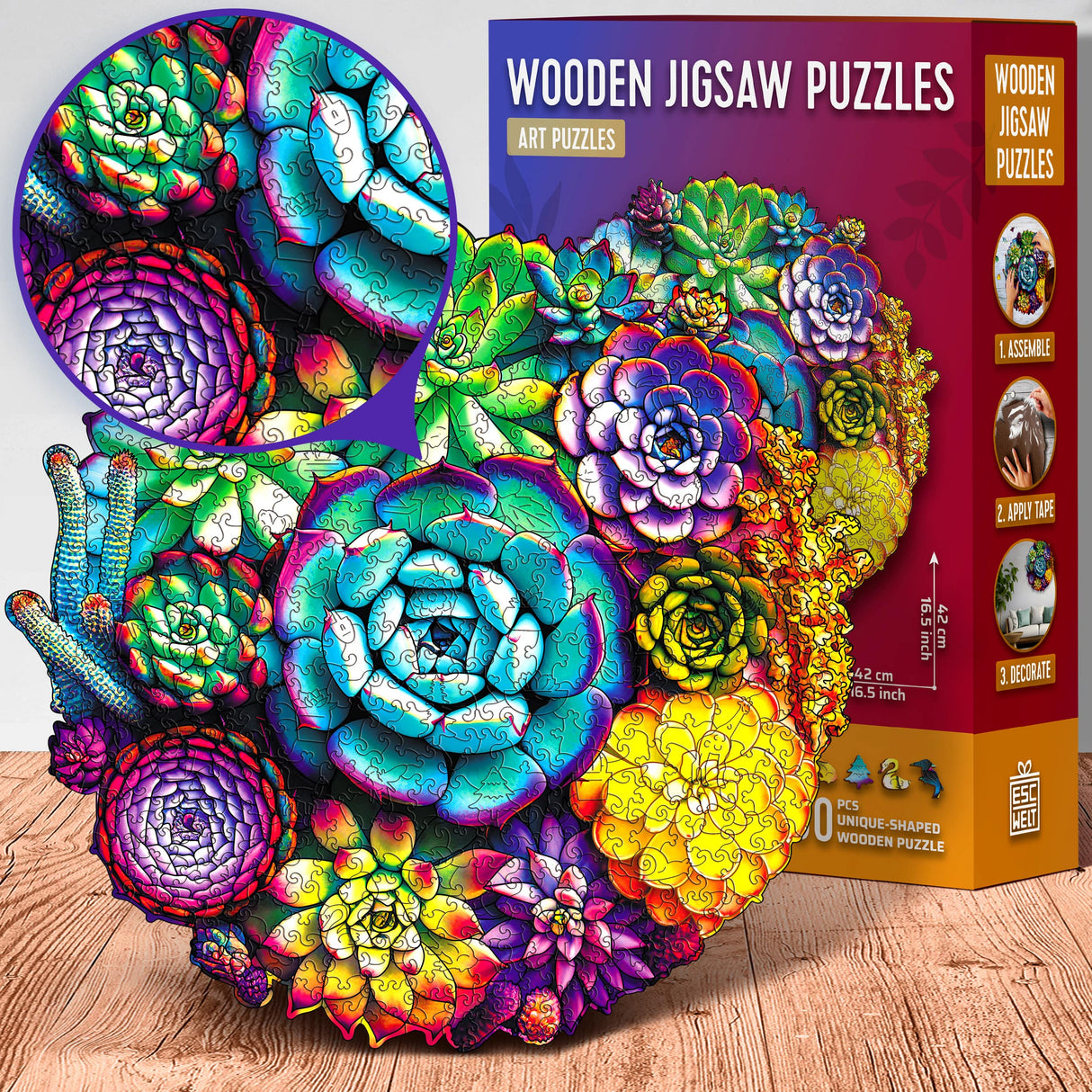 Holzpuzzle mit Sukkulenten-Design und Schachtel