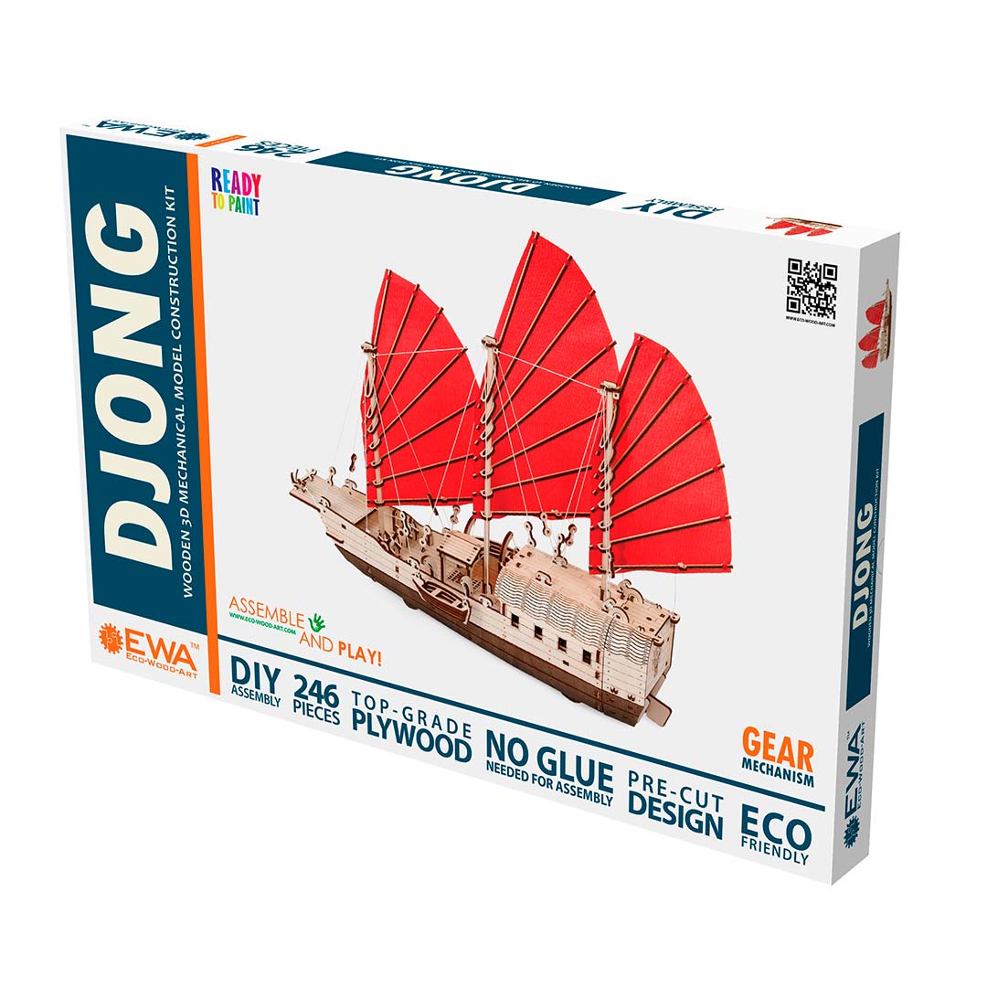 Modellbausatz einer Dschunke aus Holz mit roten Segeln