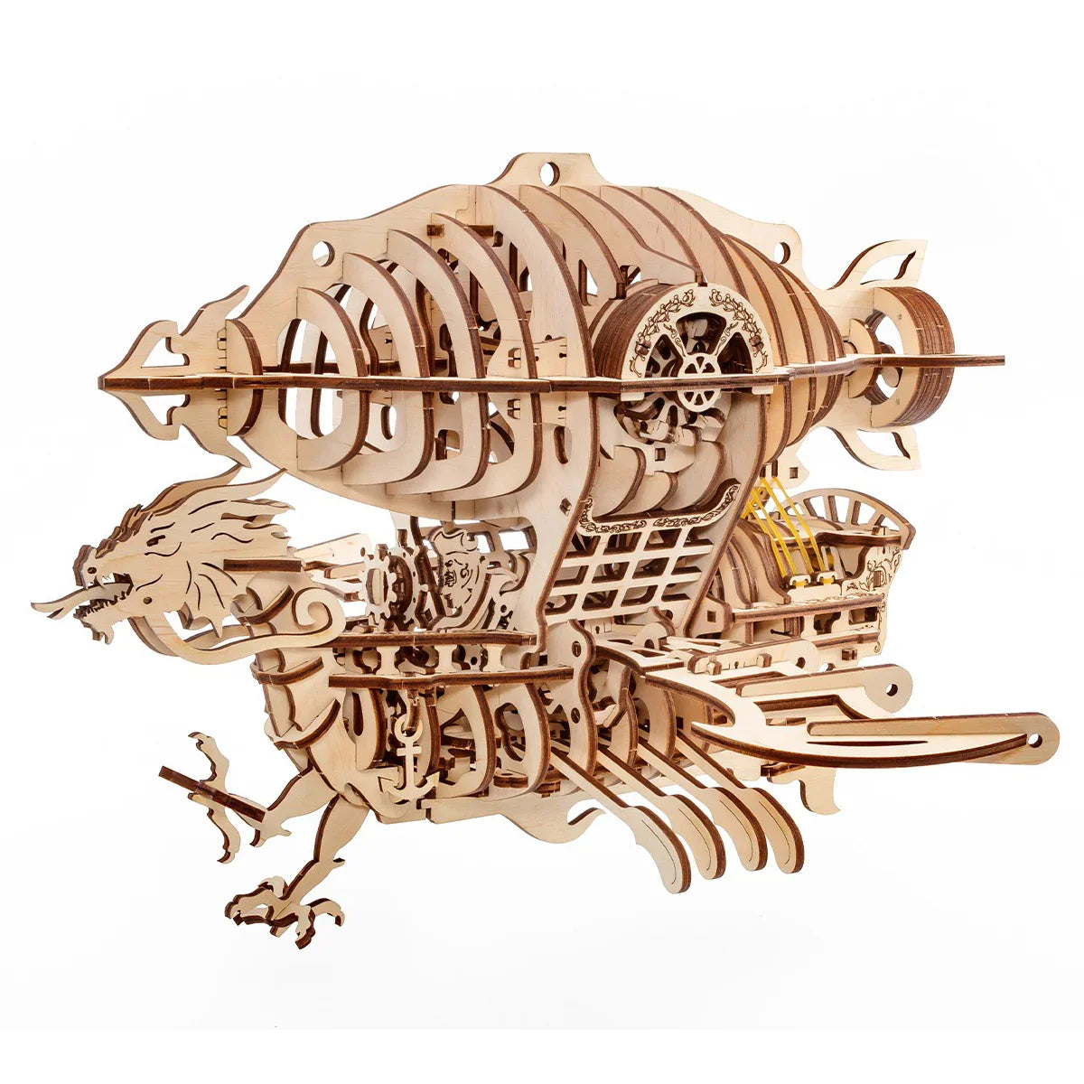 Hölzernes 3D-Puzzle eines Drachen-Luftschiffs mit filigranen Details und Zahnrädern
