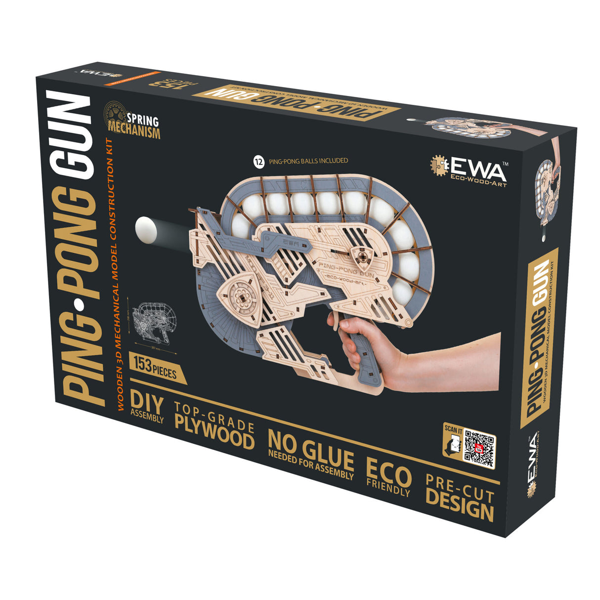 Verpackung des EWA Eco-Wood-Art Ping-Pong-Gewehr Bausatzes mit Federwerk und 12 Bällen