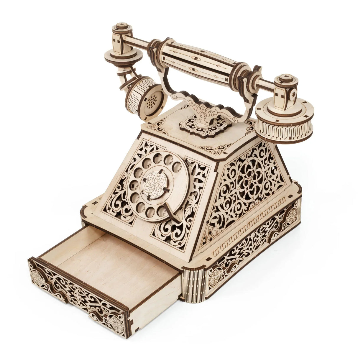 Holztelefon mit Wählscheibe und ausziehbarer Schublade