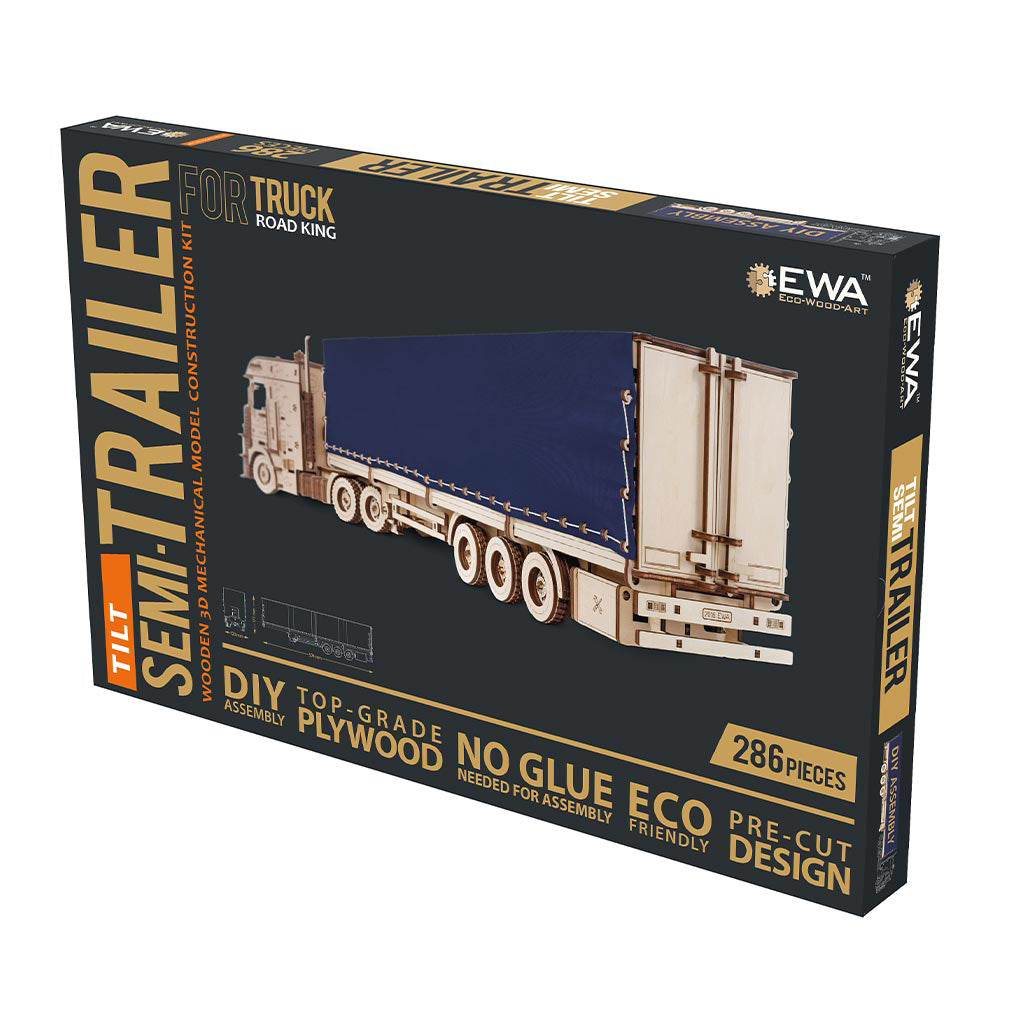 Verpackung eines Holzmodellbausatzes für einen Sattelzug mit blauem Planenauflieger