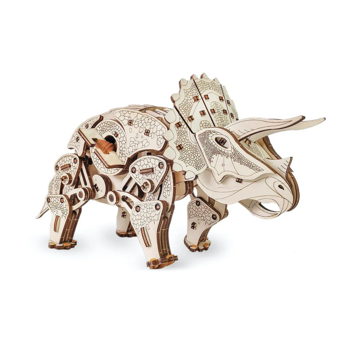 Hölzernes 3D-Puzzle eines Triceratops mit detaillierten Gravuren