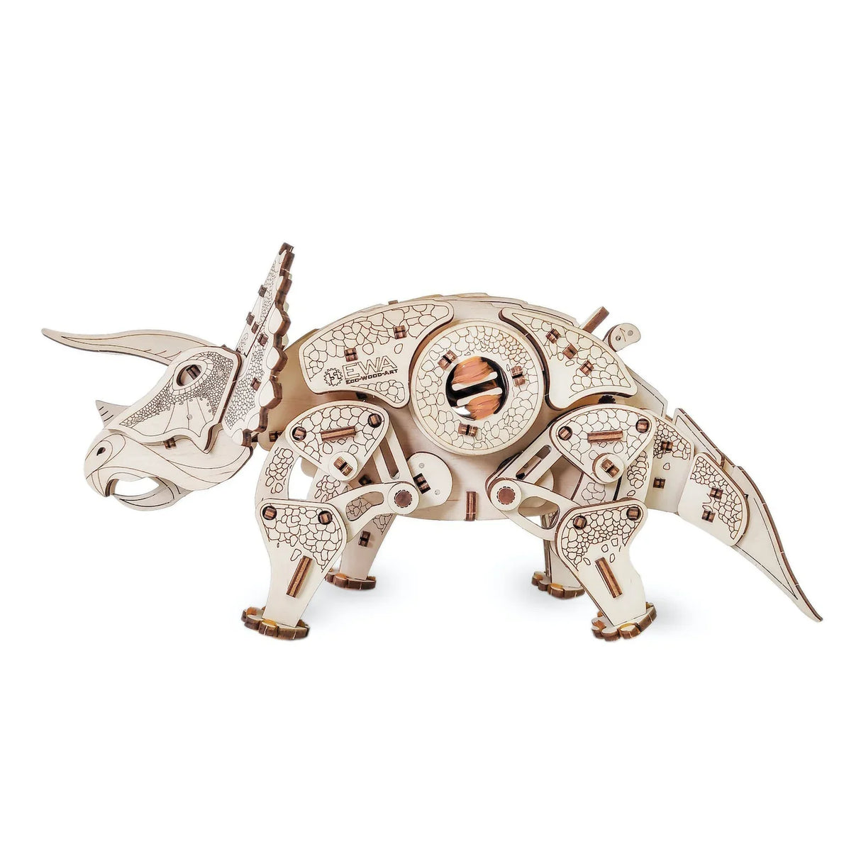 Holzmodell eines Triceratops mit detaillierten Gravuren und beweglichen Gelenken