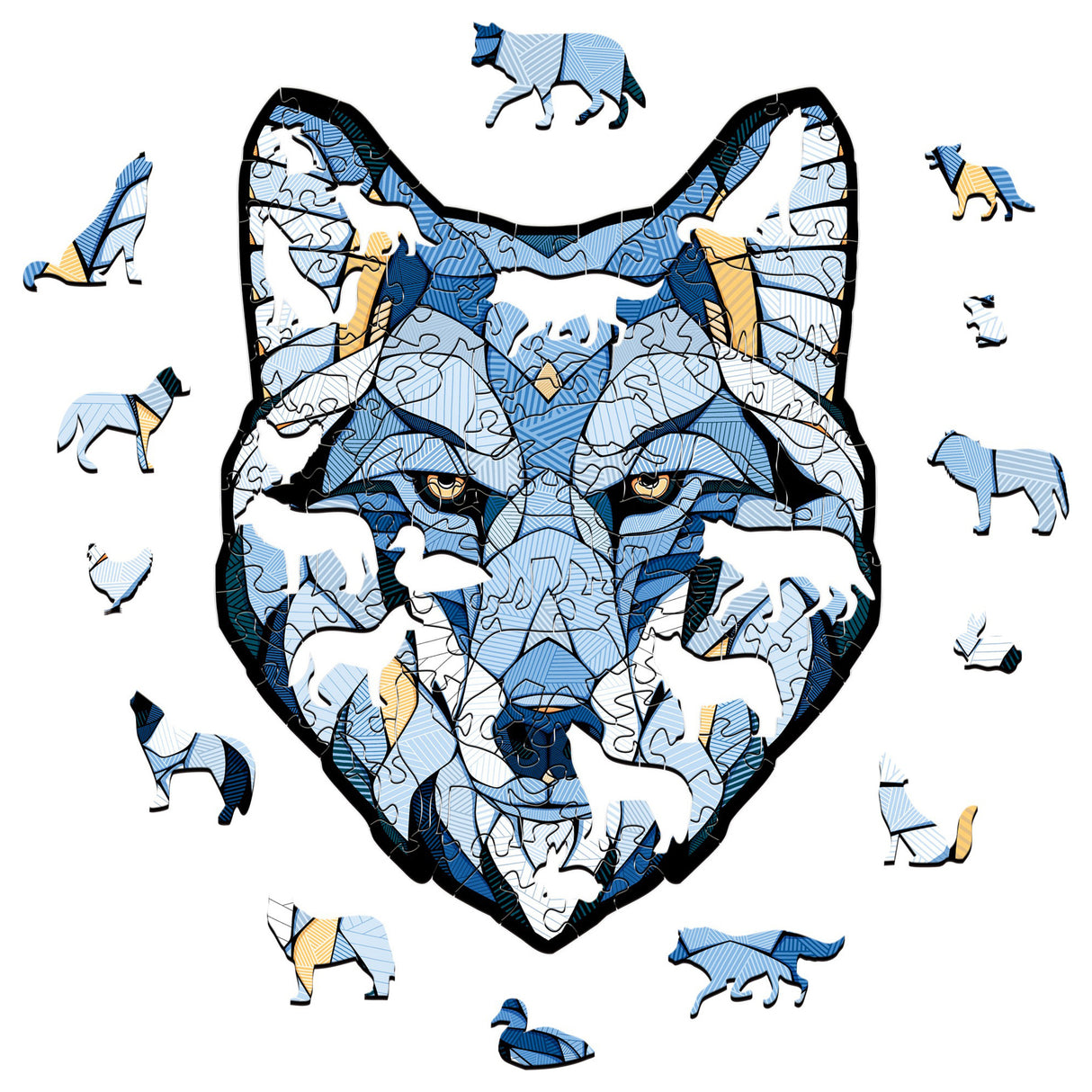 Puzzle in Form eines Wolfskopfes mit kleineren Tierpuzzleteilen