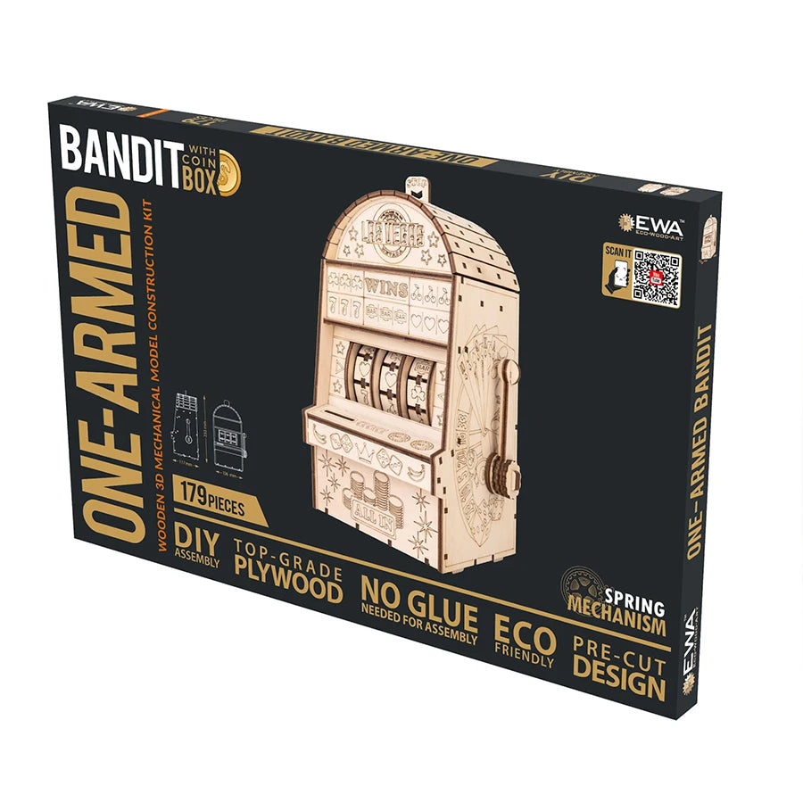 Verpackung des Einarmigen Banditen Bausatzes aus Holz mit Münzbox