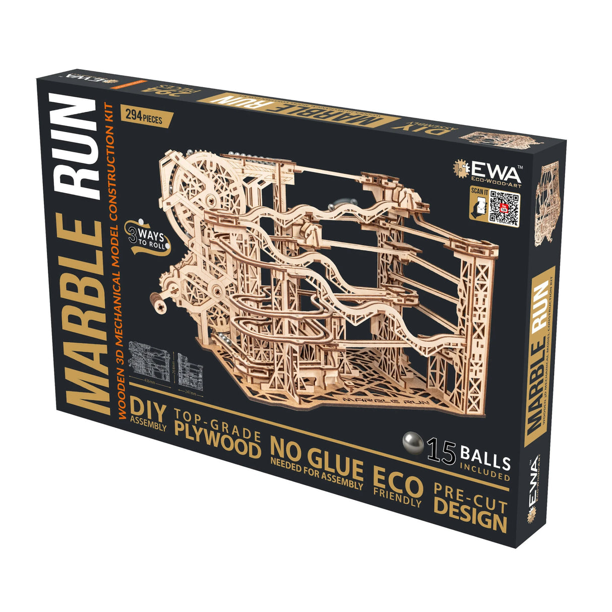 Verpackung des EWA Marble Run 3D Holzmodells mit 294 Teilen und 15 Kugeln