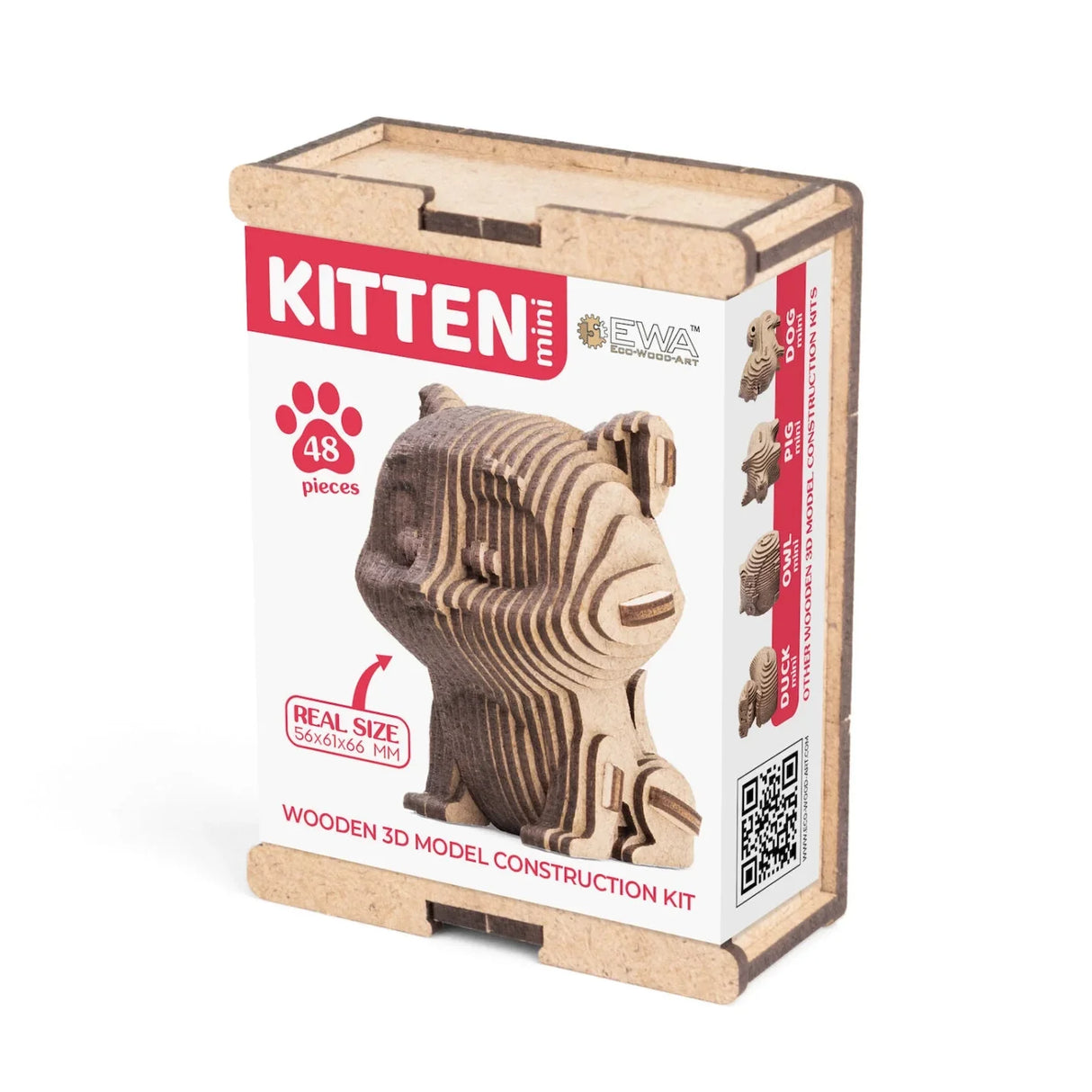 Holzbausatz Mini-Kätzchen mit 48 Teilen, 56x61x66 mm, von EWA Eco-Wood-Art
