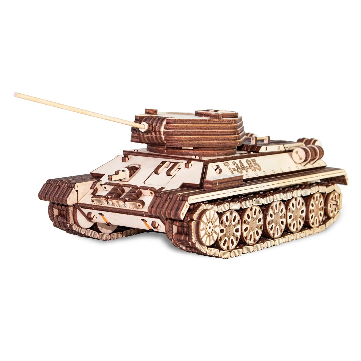 Holzmodell eines Panzers mit Kanone und Kettenlaufwerk