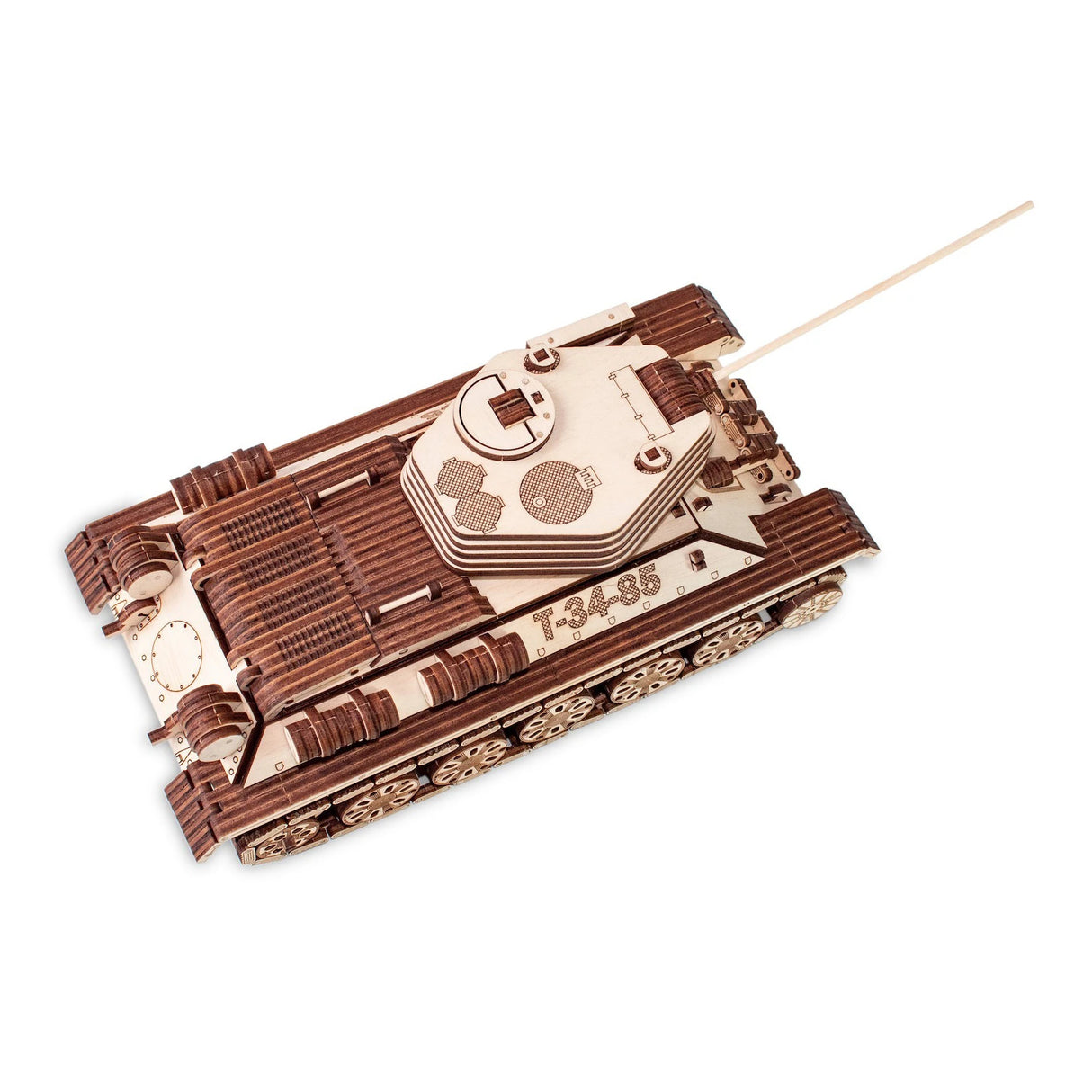 Holzmodell eines Panzers T-34-85 mit detaillierten Ketten und Turm