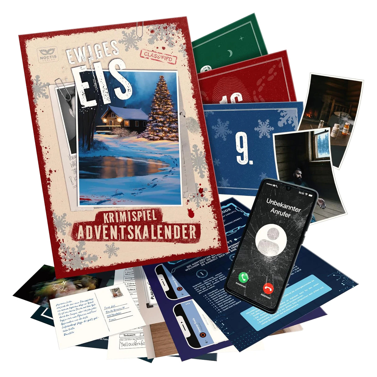 Krimispiel Adventskalender Ewiges Eis mit verschiedenen Spielmaterialien wie Karten, Fotos und einem Smartphone