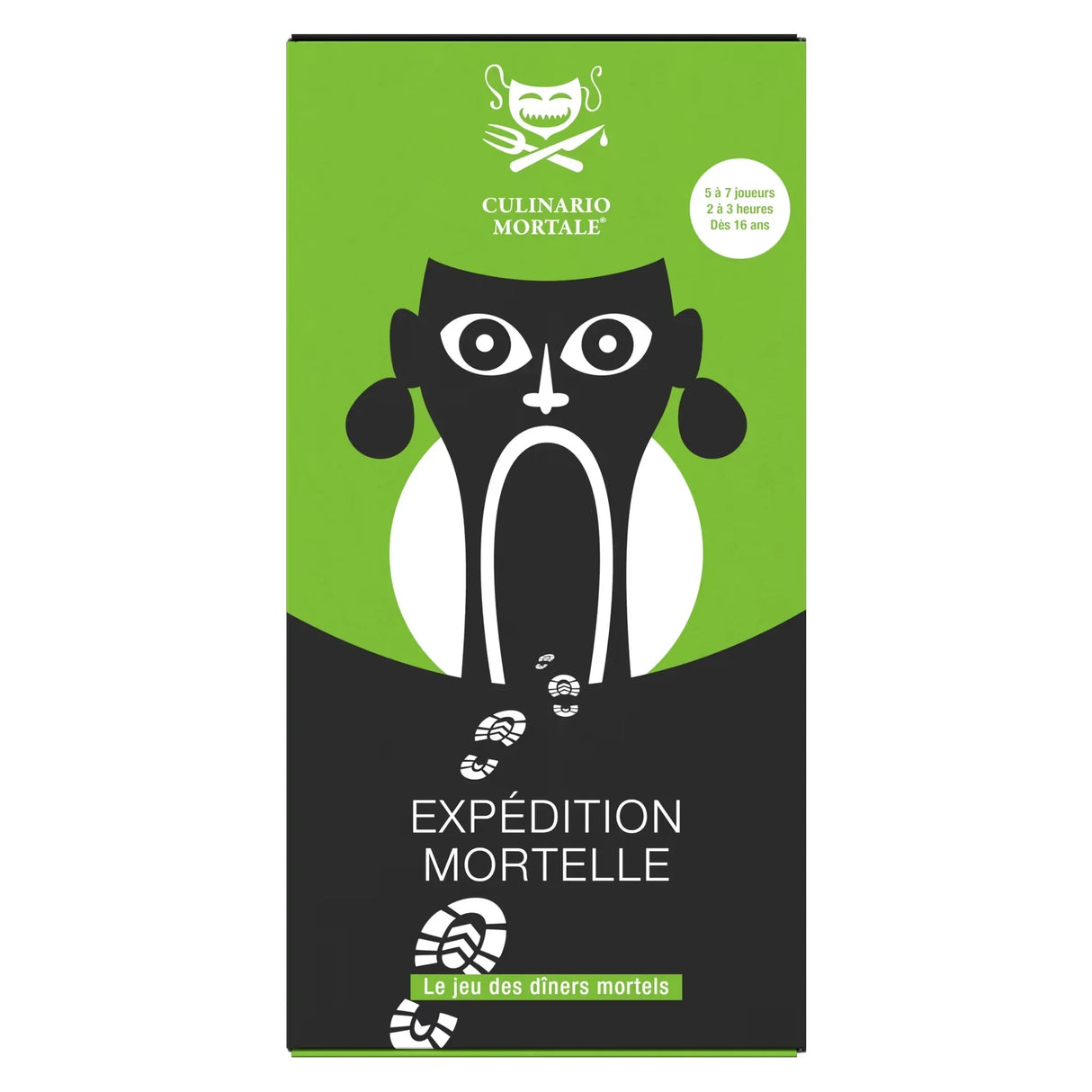 Culinario Mortale: Expédition Mortelle Brettspielbox mit schwarzer Figur und Fußspuren