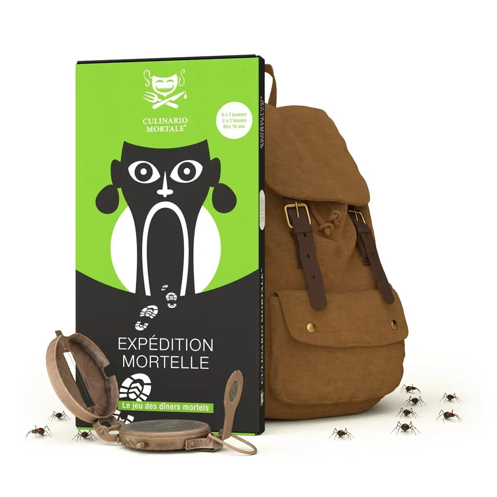 Culinaris Mortale Expedition Mortelle Spielbox mit Rucksack, Kompass und Spinnen