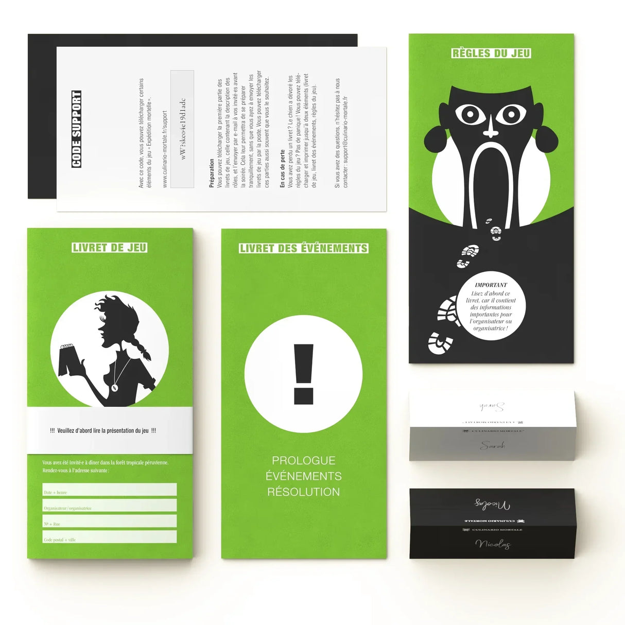 Mehrere grüne und schwarze Spielmaterialien mit Text und Illustrationen