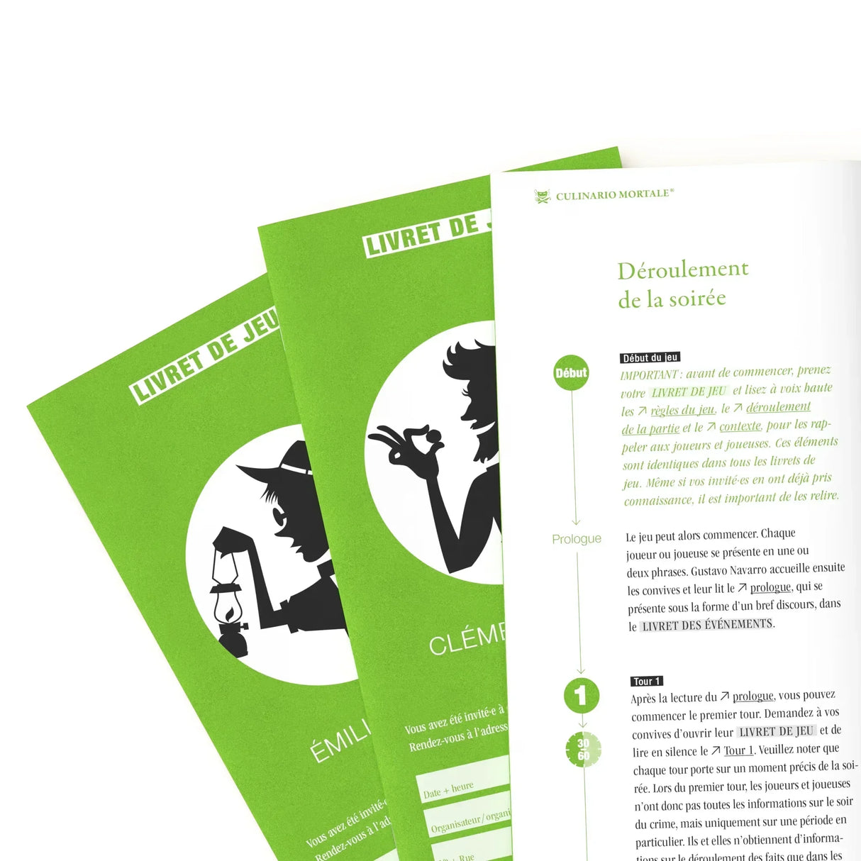 Grüne Spielhefte mit schwarzen Silhouetten von Detektiven und Text in Französisch